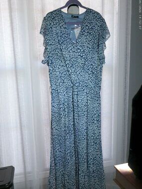 PRETTYGARDEN NWT Flirty Sleeve Elastic Waist Navy w/White Print Maxi Dress XXL